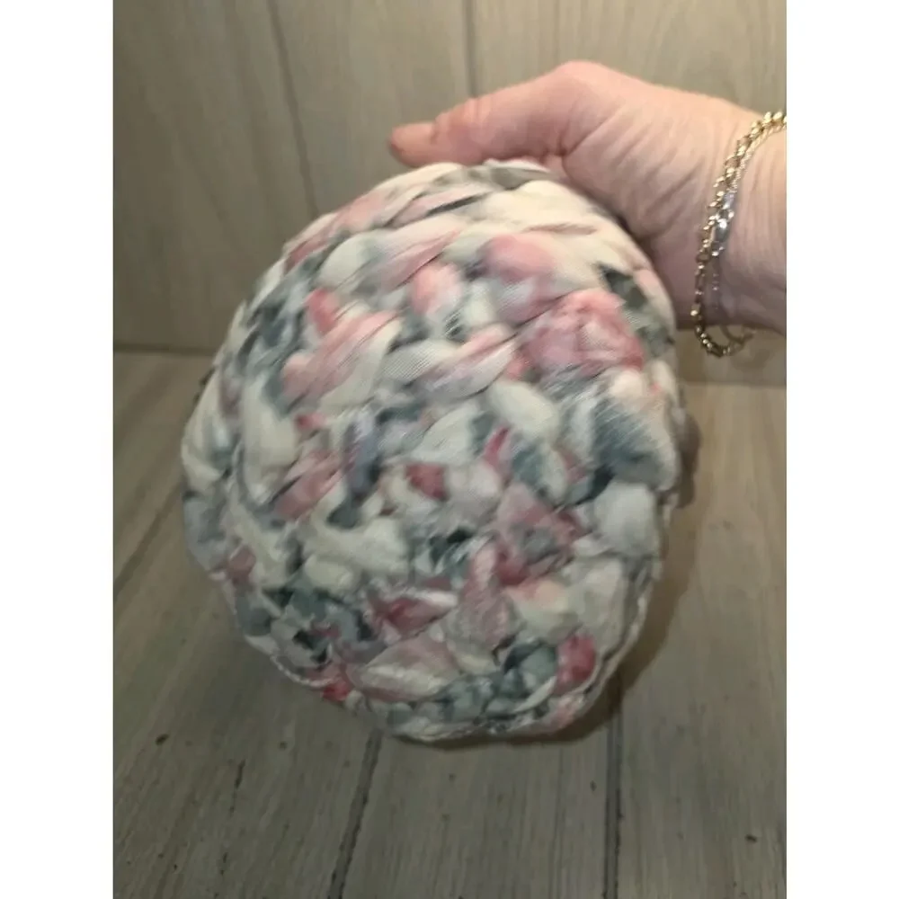 Vintage Hand Crafted Woven Knotted Cloth Basket Spring Easter Pastel Blue Pink